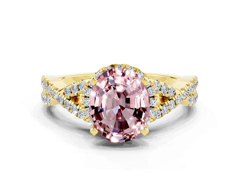 Yellow gold Oval Cut Morganite Halo Twist Band Solitaire Prong Setting Ring