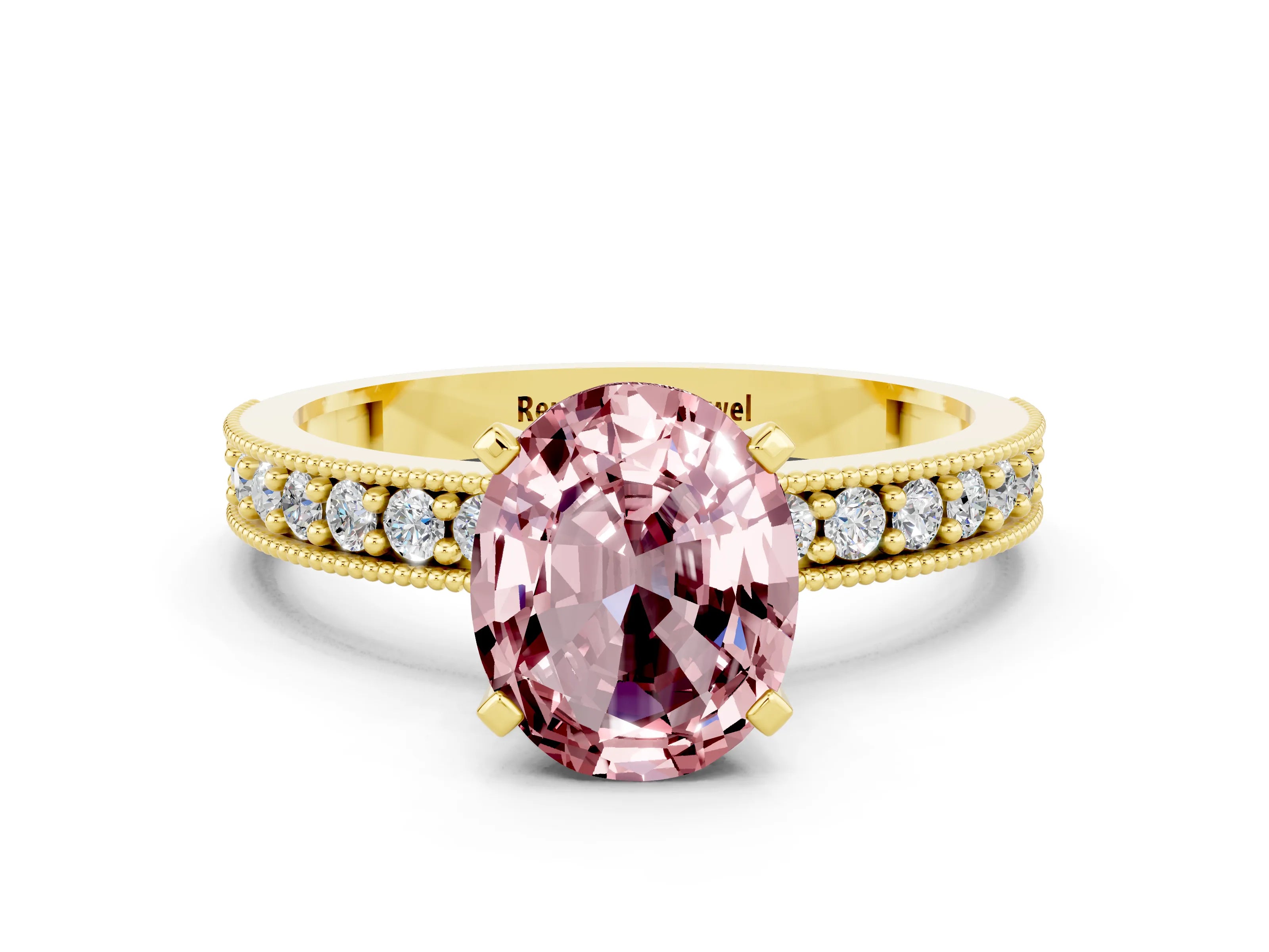 Yellow gold Oval Cut Morganite Milgrain Pavé Engagement Ring with Four-Prong Setting_12