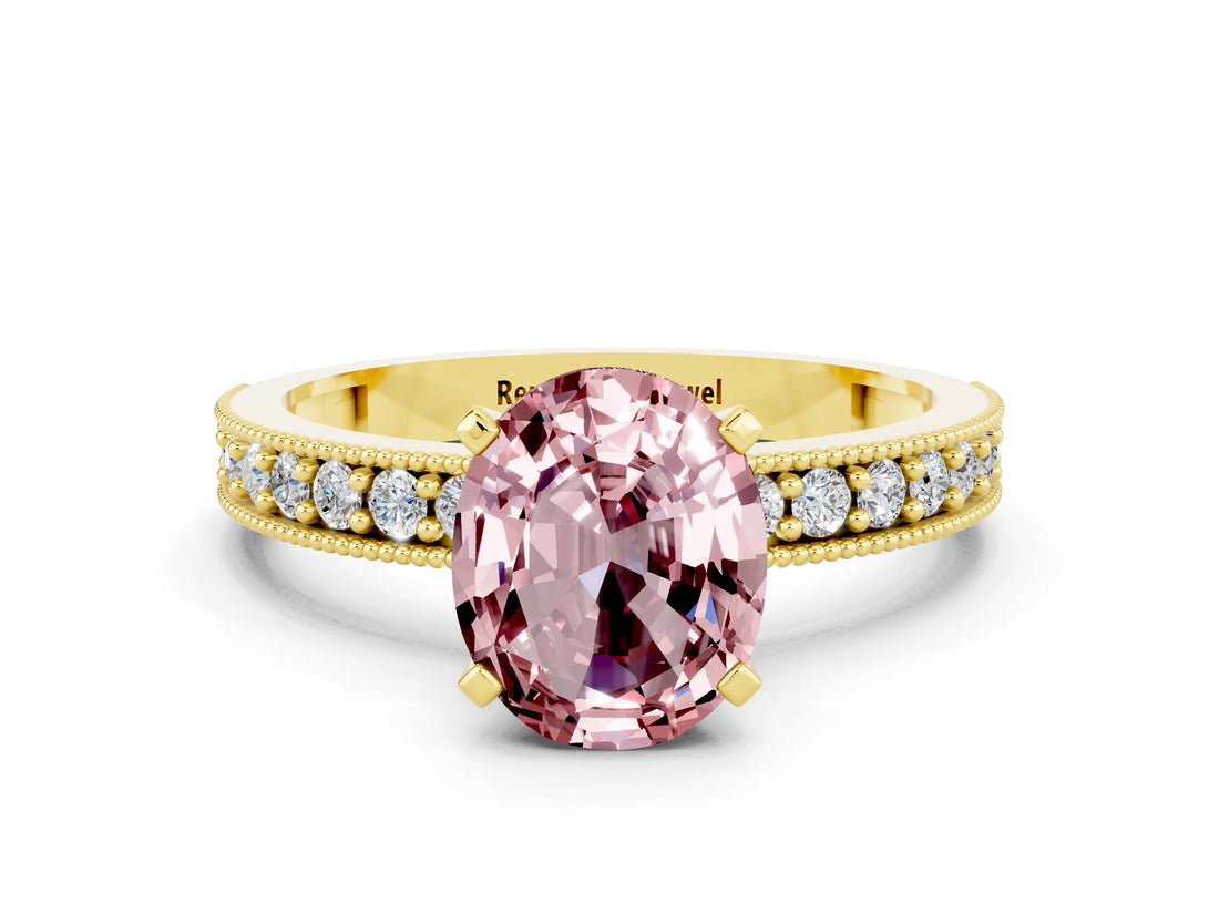 Yellow gold Oval Cut Morganite Milgrain Pavé Engagement Ring with Four-Prong Setting_12