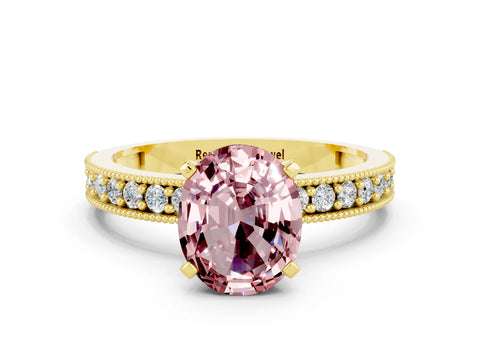 Yellow gold Oval Cut Morganite Milgrain Pavé Engagement Ring with Four-Prong Setting_12