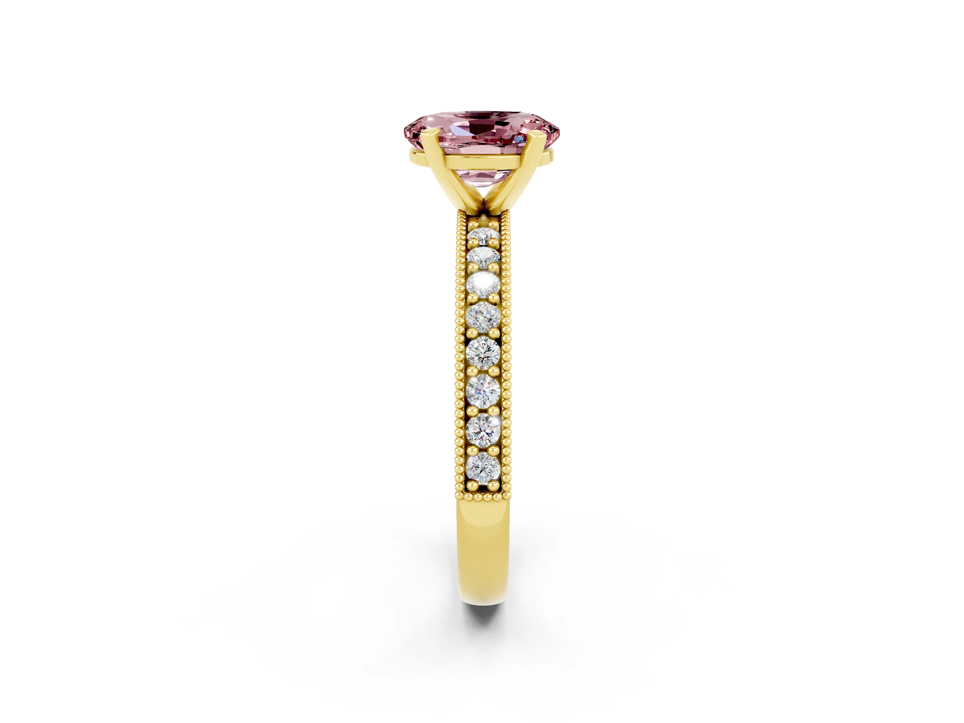 Yellow gold Oval Cut Morganite Milgrain Pavé Engagement Ring with Four-Prong Setting_14