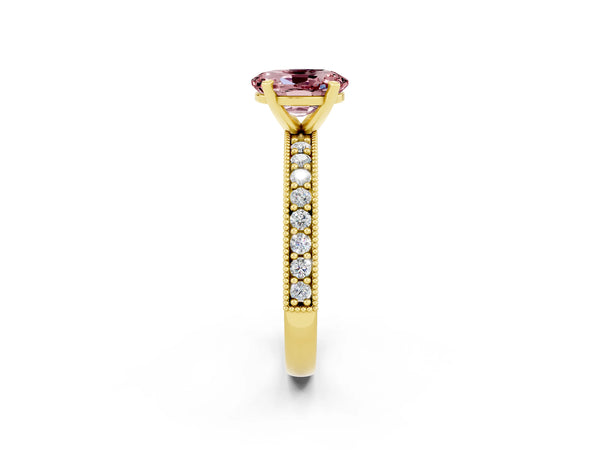 Yellow gold Oval Cut Morganite Milgrain Pavé Engagement Ring with Four-Prong Setting