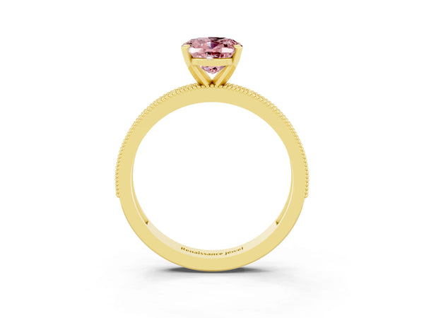 Yellow gold Oval Cut Morganite Milgrain Pavé Engagement Ring with Four-Prong Setting