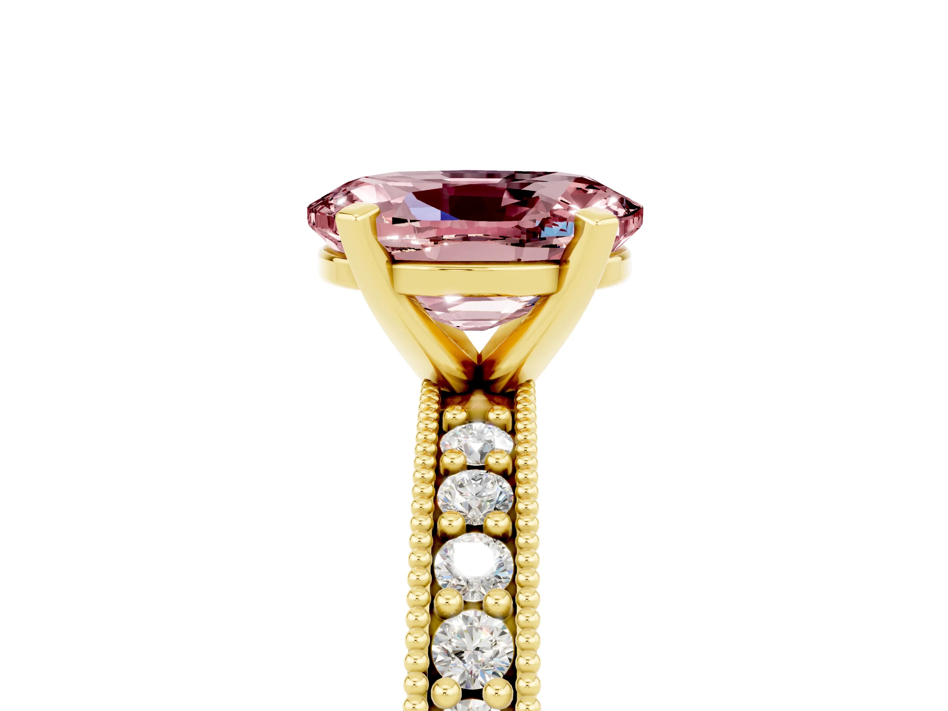 Yellow gold Oval Cut Morganite Milgrain Pavé Engagement Ring with Four-Prong Setting_17