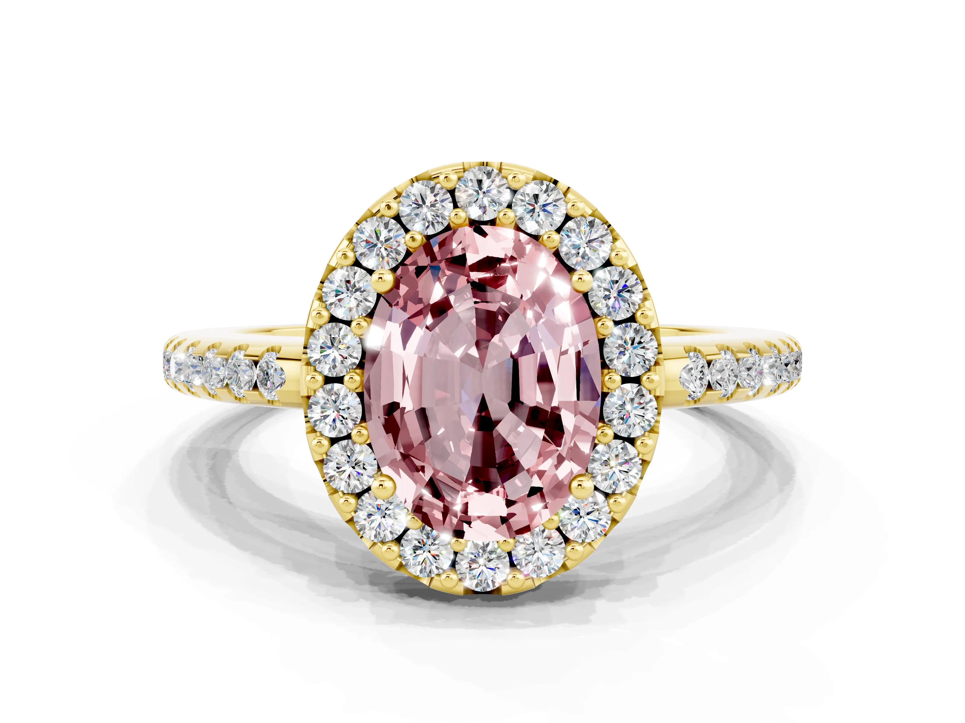 Yellow gold Oval Cut Morganite Pavé Halo Ring with Four-Prong Setting_12
