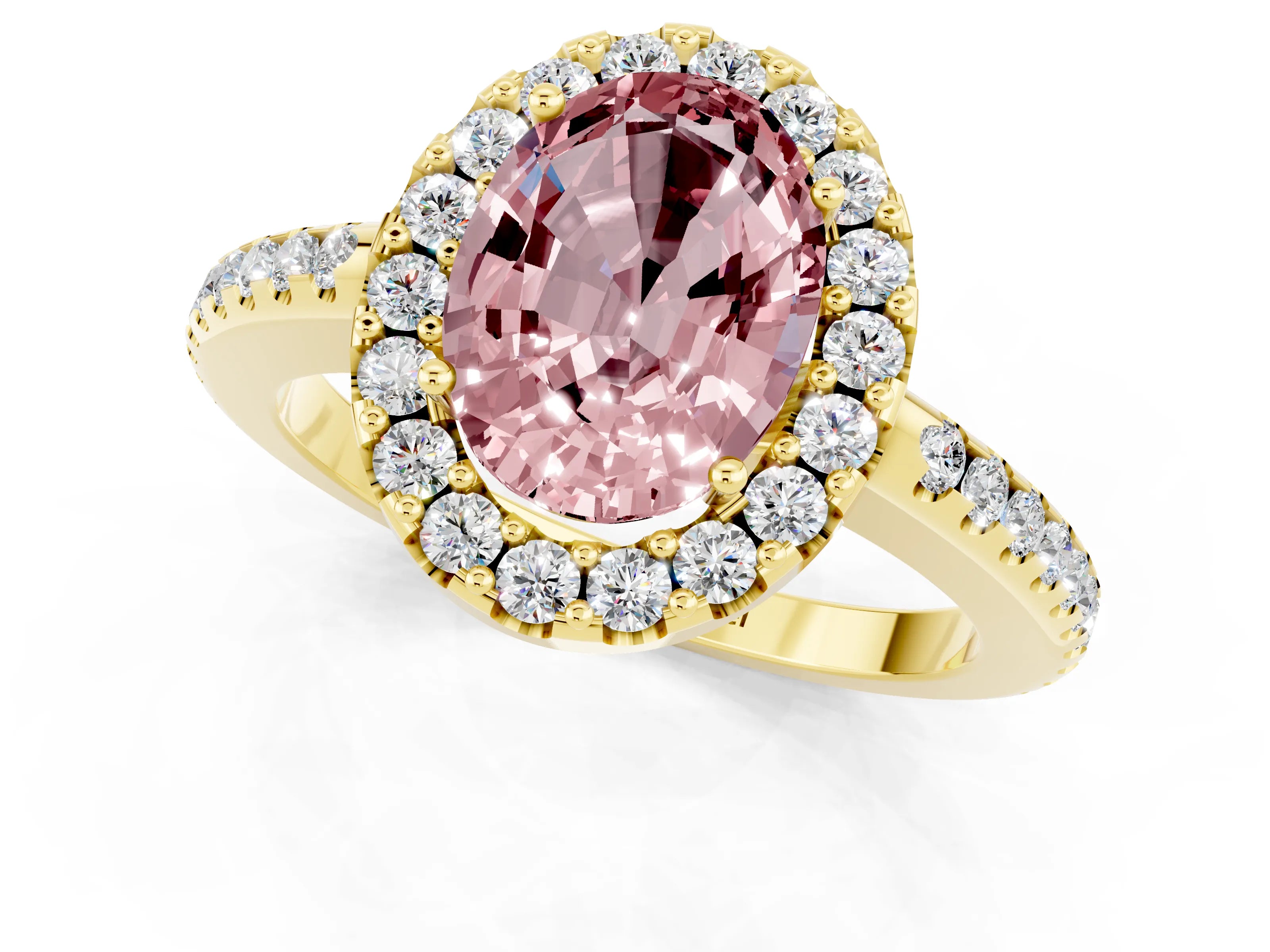 Yellow gold Oval Cut Morganite Pavé Halo Ring with Four-Prong Setting_13