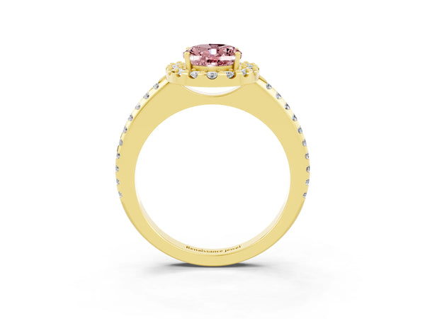 Yellow gold Oval Cut Morganite Pavé Halo Ring with Four-Prong Setting
