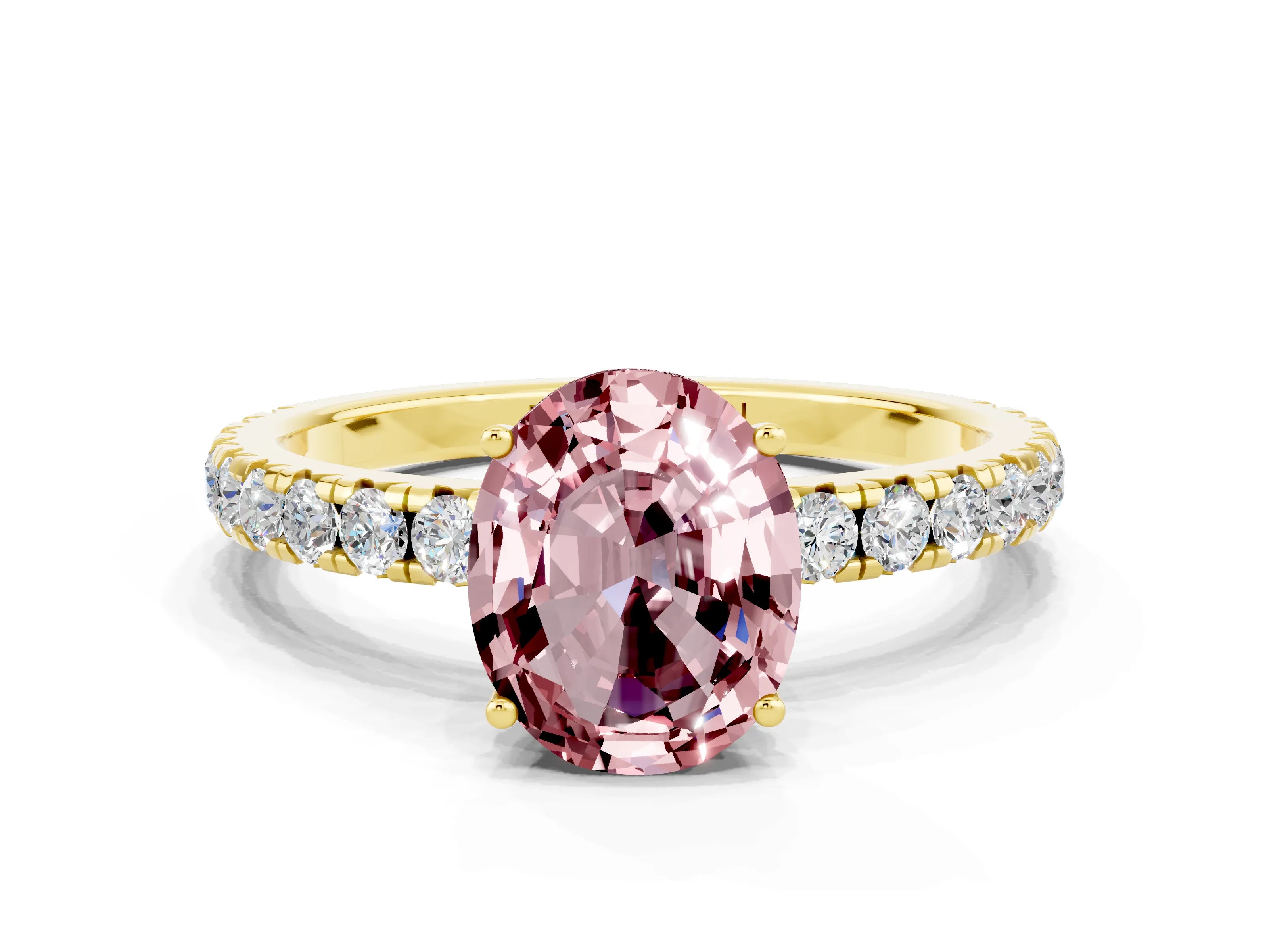 Yellow gold Oval Cut Morganite Pavé Solitaire Engagement Ring with Four-Prong Setting_12