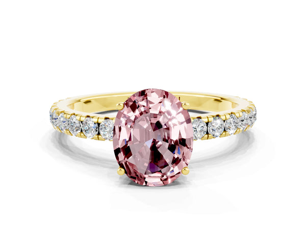 Yellow gold Oval Cut Morganite Pavé Solitaire Engagement Ring with Four-Prong Setting