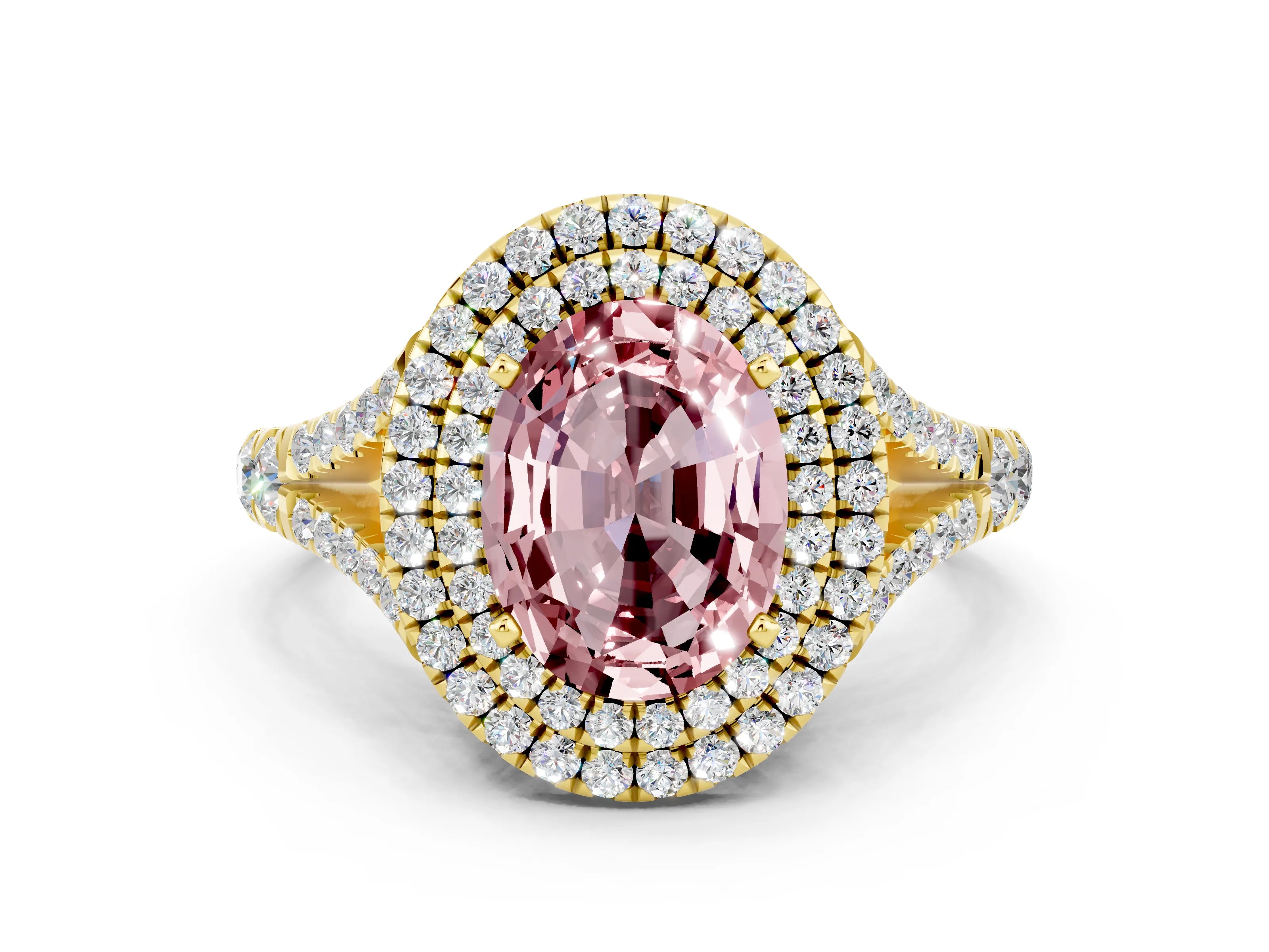 Yellow gold Oval Cut Morganite Pavé Split Shank Double Halo Engagement Ring