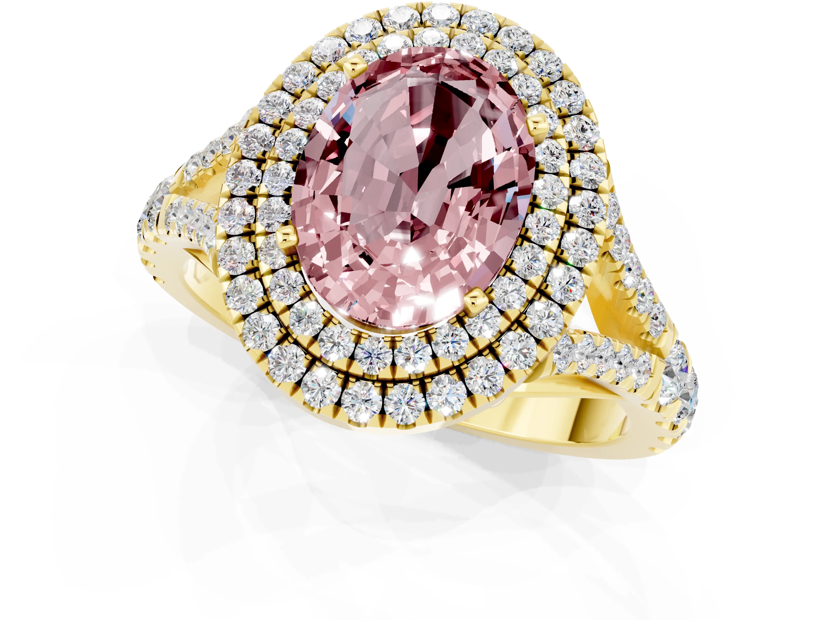 Yellow gold Oval Cut Morganite Pavé Split Shank Double Halo Engagement Ring_1