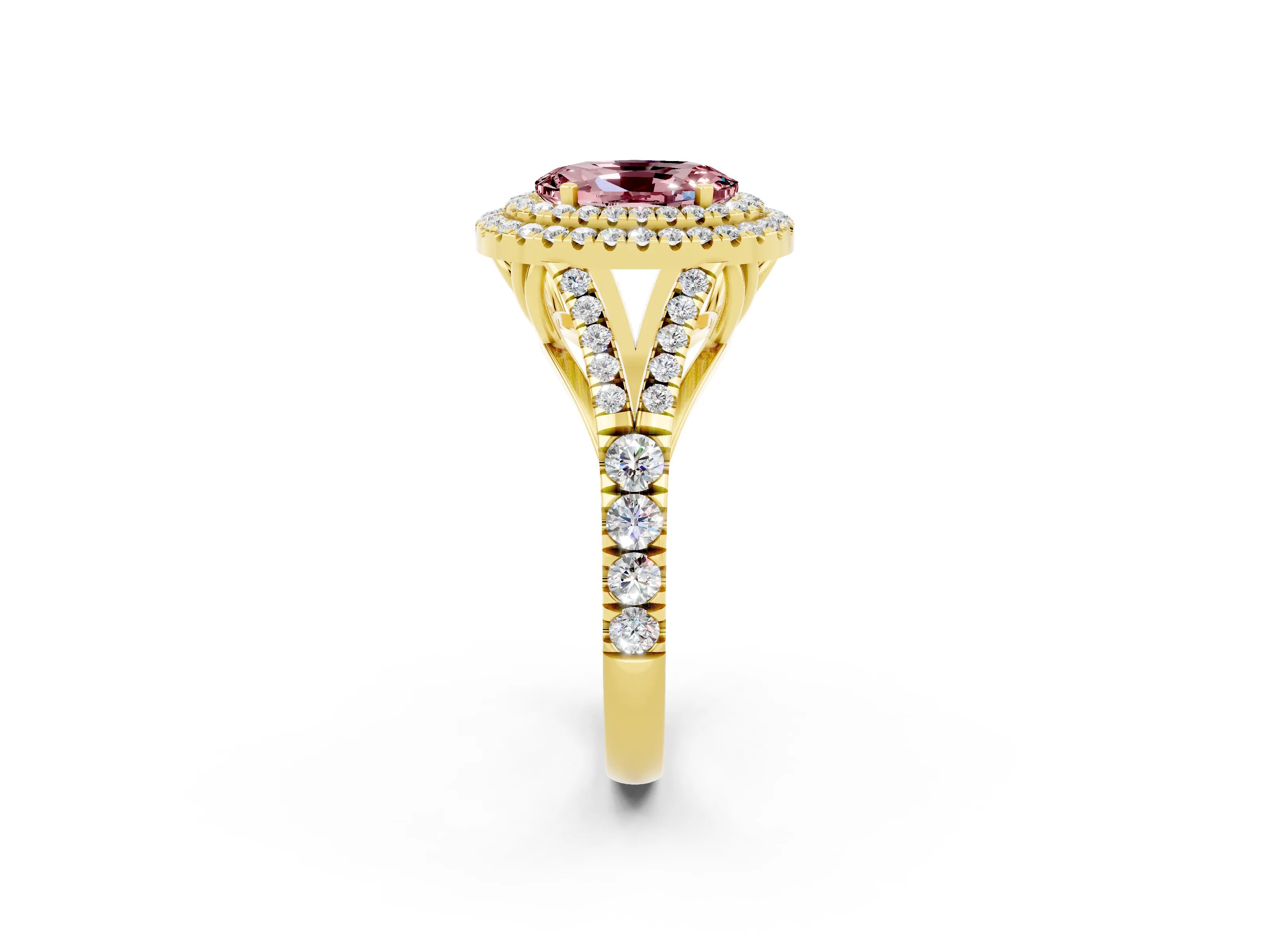 Yellow gold Oval Cut Morganite Pavé Split Shank Double Halo Engagement Ring_2