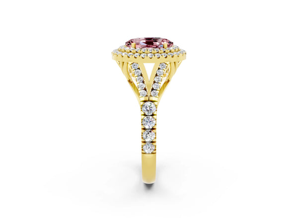Yellow gold Oval Cut Morganite Pavé Split Shank Double Halo Engagement Ring