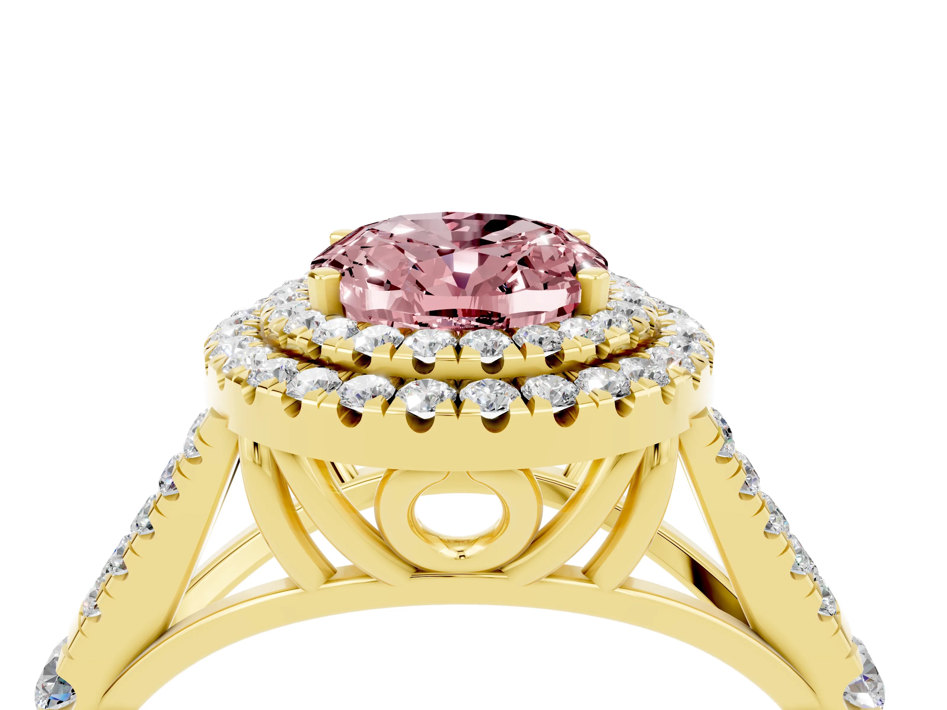 Yellow gold Oval Cut Morganite Pavé Split Shank Double Halo Engagement Ring_4