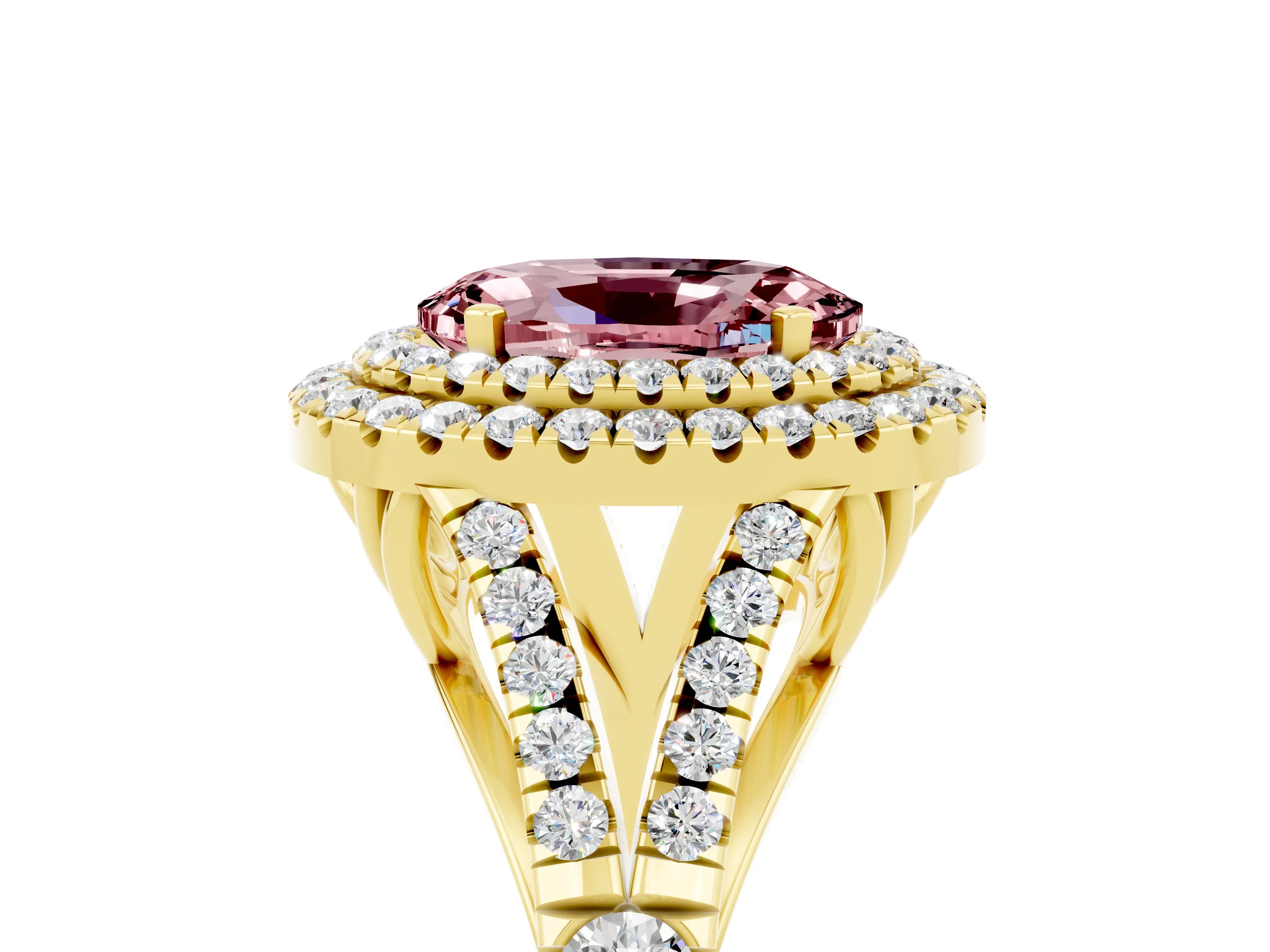 Yellow gold Oval Cut Morganite Pavé Split Shank Double Halo Engagement Ring_5
