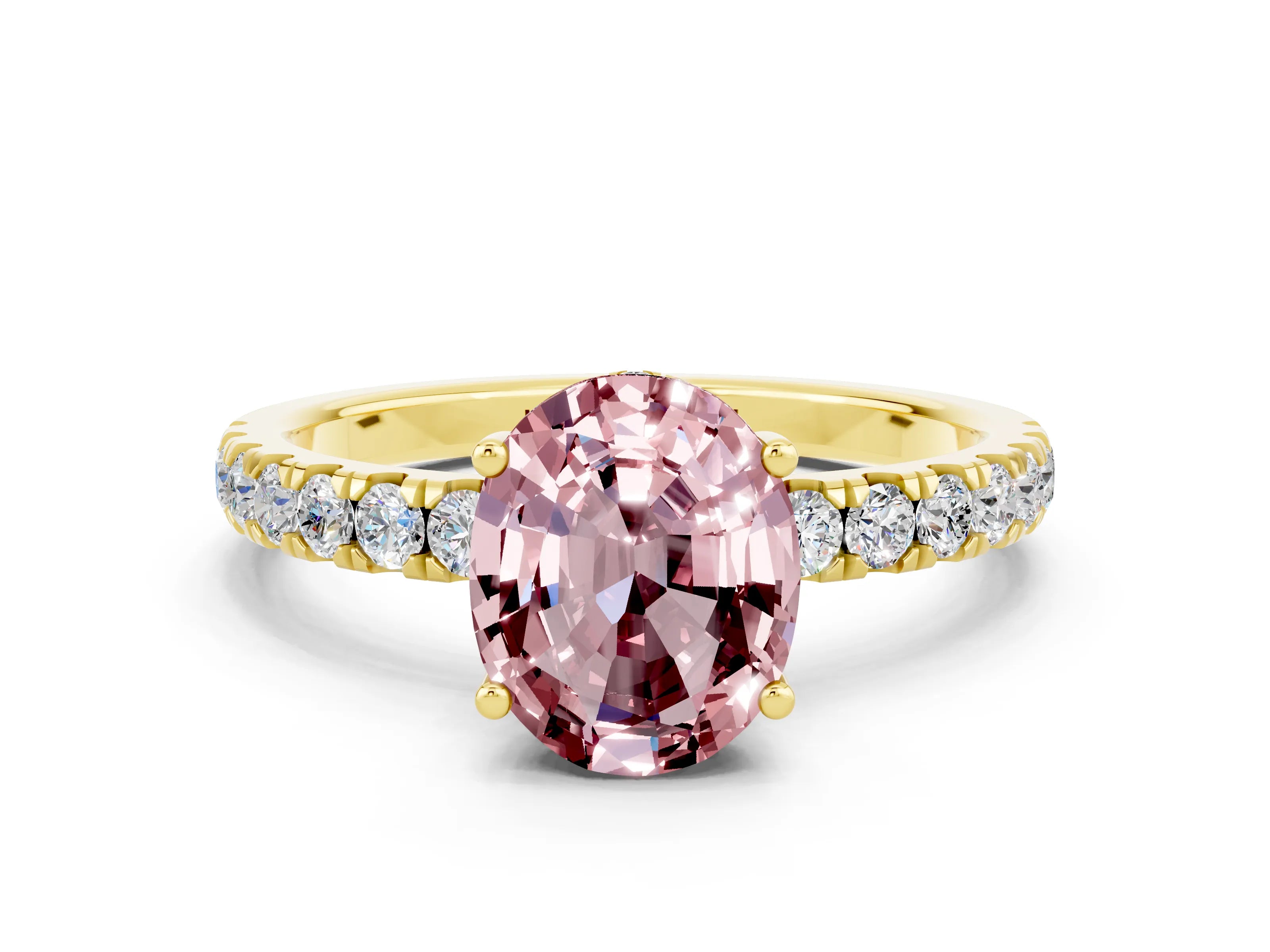 Yellow gold Oval Cut Morganite Pave Band Solitaire Ring with Four-Prong Setting_24