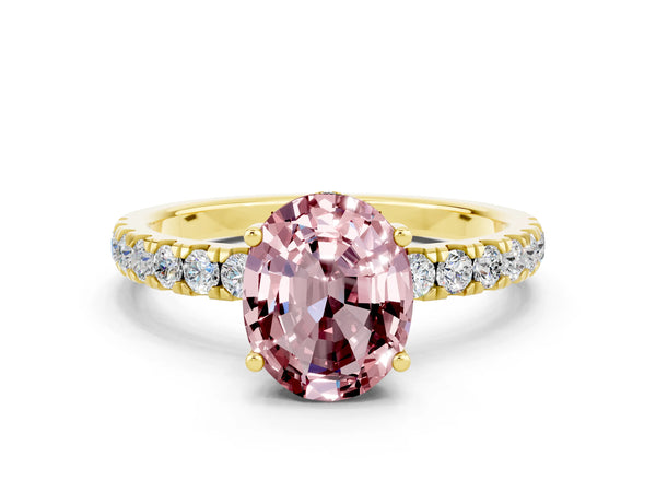 Yellow gold Oval Cut Morganite Pave Band Solitaire Ring with Round  and Prong Setting
