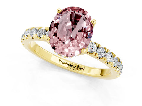 Yellow gold Oval Cut Morganite Pave Band Solitaire Ring with Four-Prong Setting_25