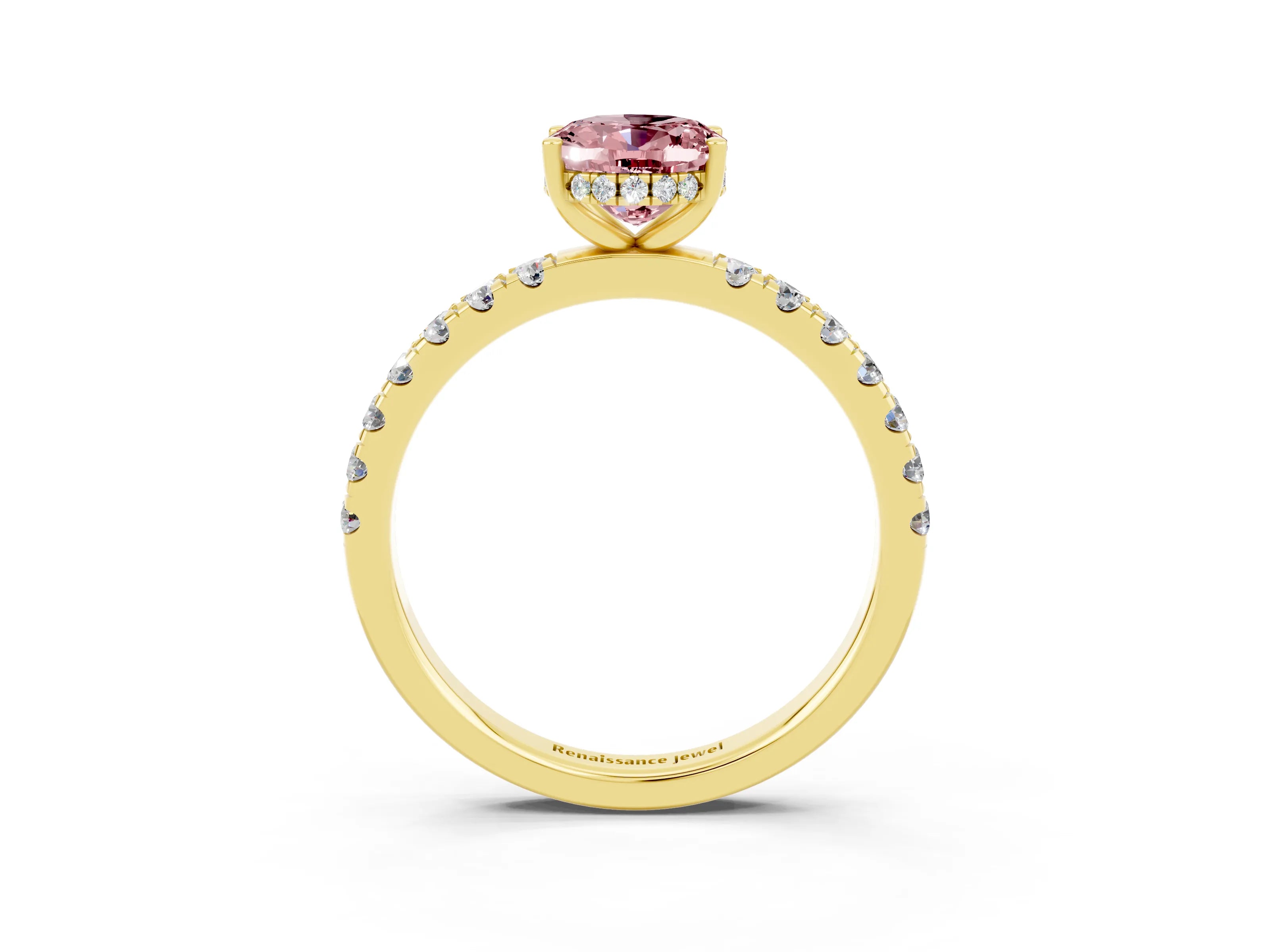 Yellow gold Oval Cut Morganite Pave Band Solitaire Ring with Four-Prong Setting_27