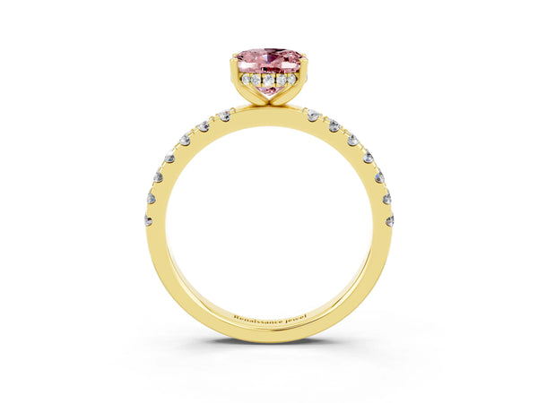 Yellow gold Oval Cut Morganite Pave Band Solitaire Ring with Round  and Prong Setting