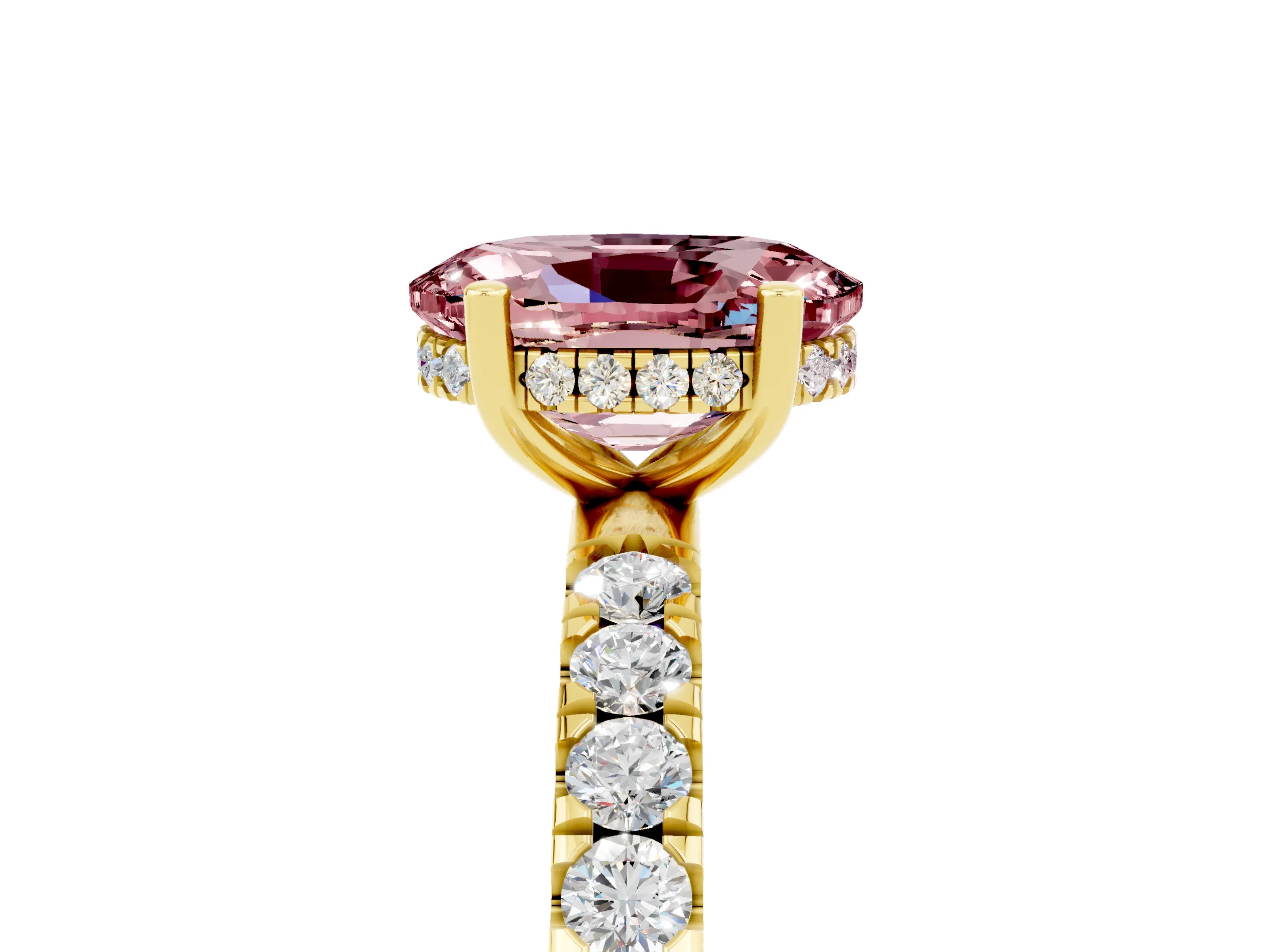 Yellow gold Oval Cut Morganite Pave Band Solitaire Ring with Four-Prong Setting_29