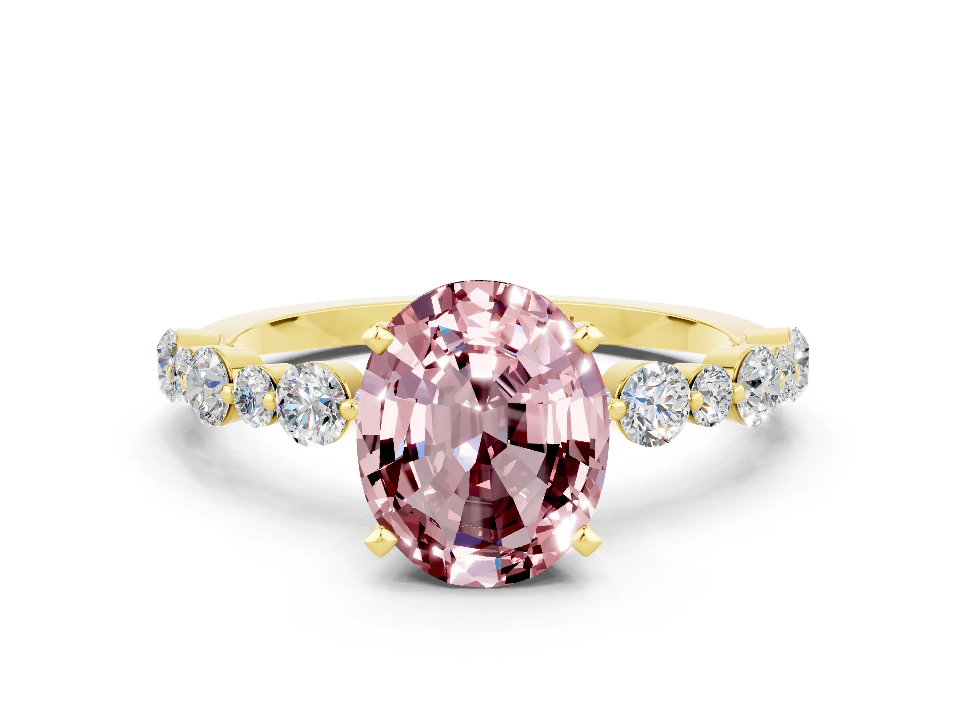 Yellow gold Oval Cut Morganite Prong Set Engagement Ring with Pavé Band