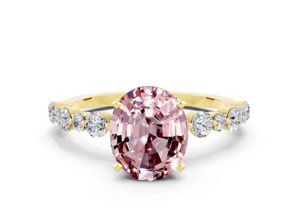 Yellow gold Oval Cut Morganite Prong Set Engagement Ring with Pavé Band
