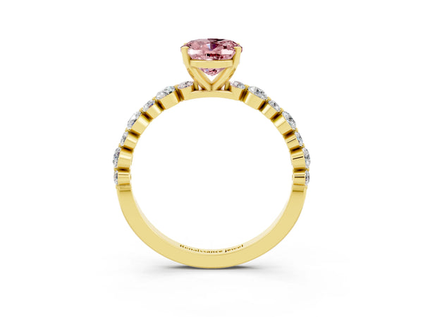 Yellow gold Oval Cut Morganite Prong Set Engagement Ring with Pavé Band