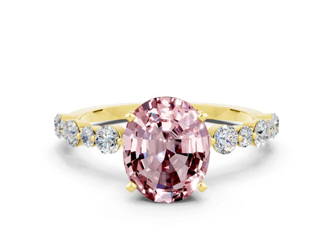 Yellow gold Oval Cut Morganite Prong Set Engagement Ring with Pavé Band