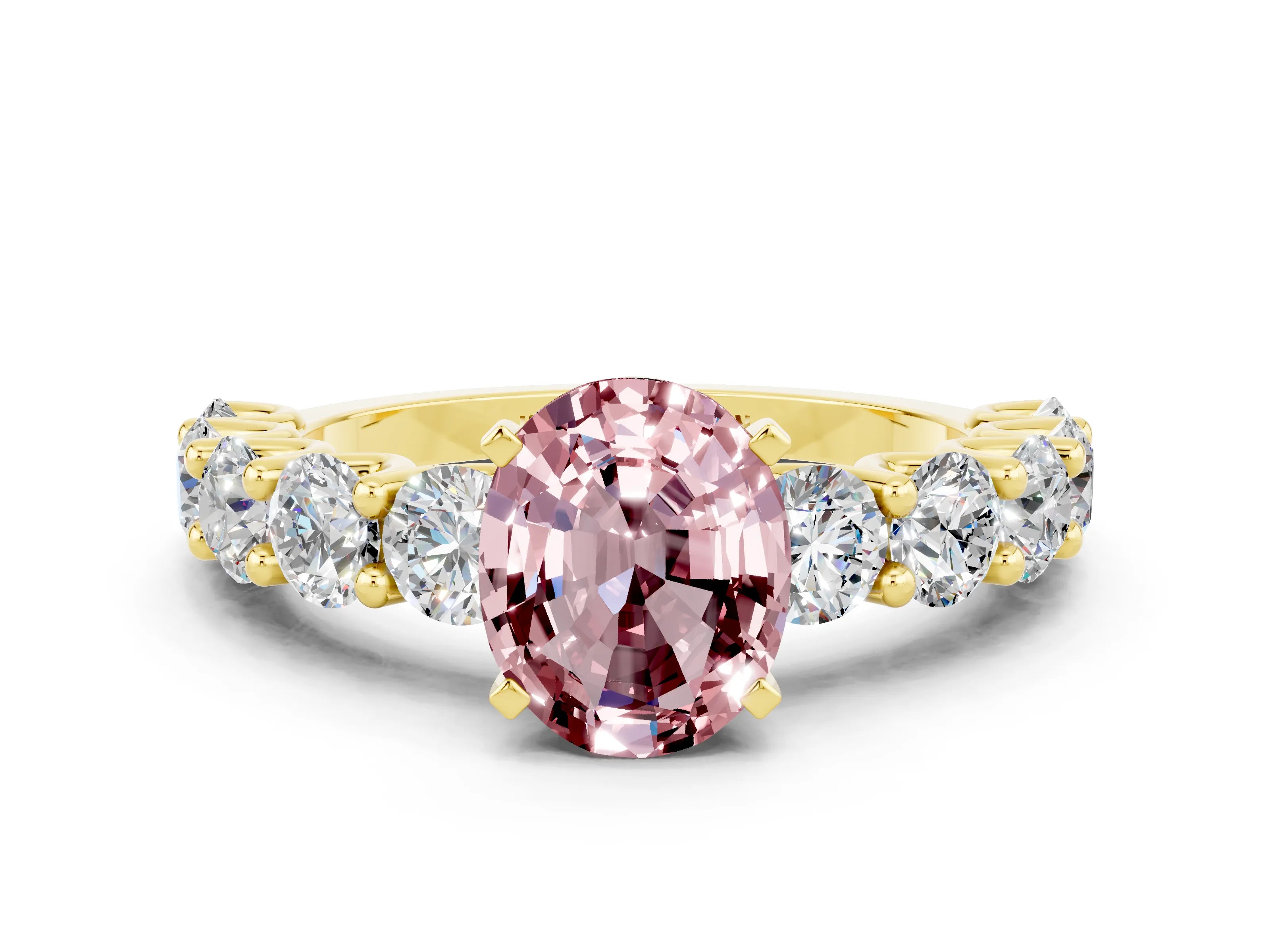 Yellow gold Oval Cut Morganite Prong Setting with Side Stones on a Pave Band