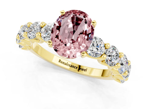 Yellow gold Oval Cut Morganite Prong Setting with Side Stones on a Pave Band_1