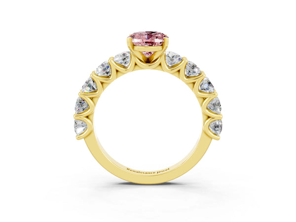 Yellow gold Oval Cut Morganite Prong Setting with Side Stones on a Pave Band