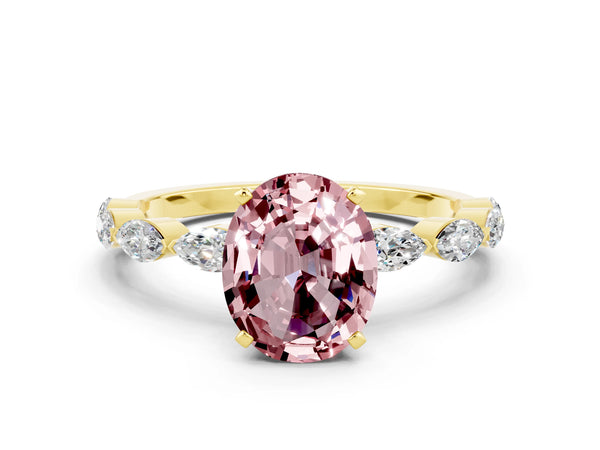 Yellow gold Oval Cut Morganite Ring with Marquise Side Stones and Prong Setting