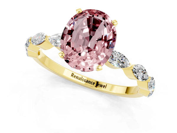 Yellow gold Oval Cut Morganite Ring with Marquise Side Stones and Prong Setting