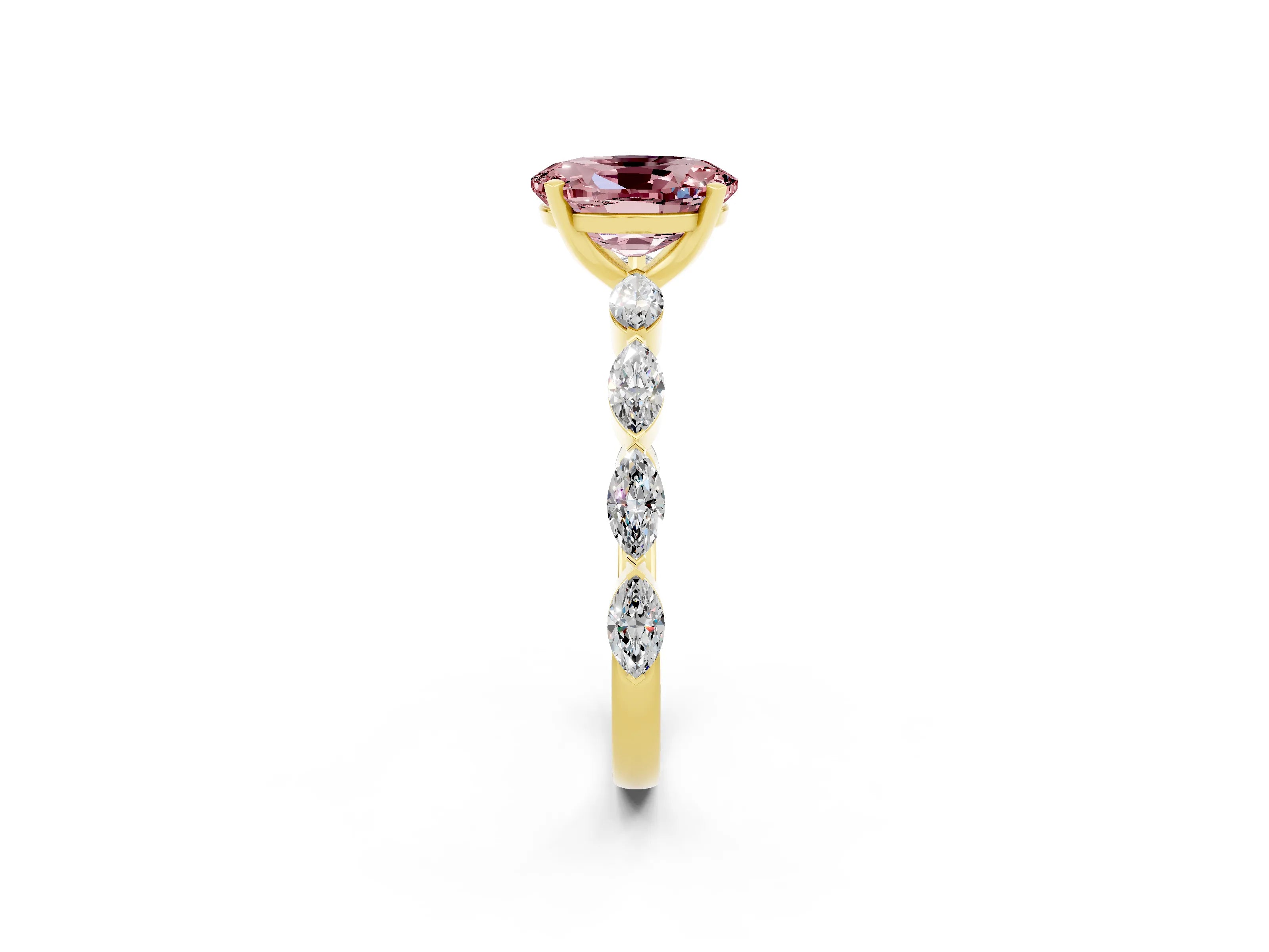 Yellow gold Oval Cut Morganite Ring with Marquise Side Stones and Prong Setting_2