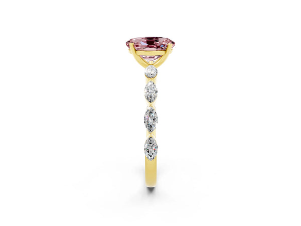 Yellow gold Oval Cut Morganite Ring with Marquise Side Stones and Prong Setting