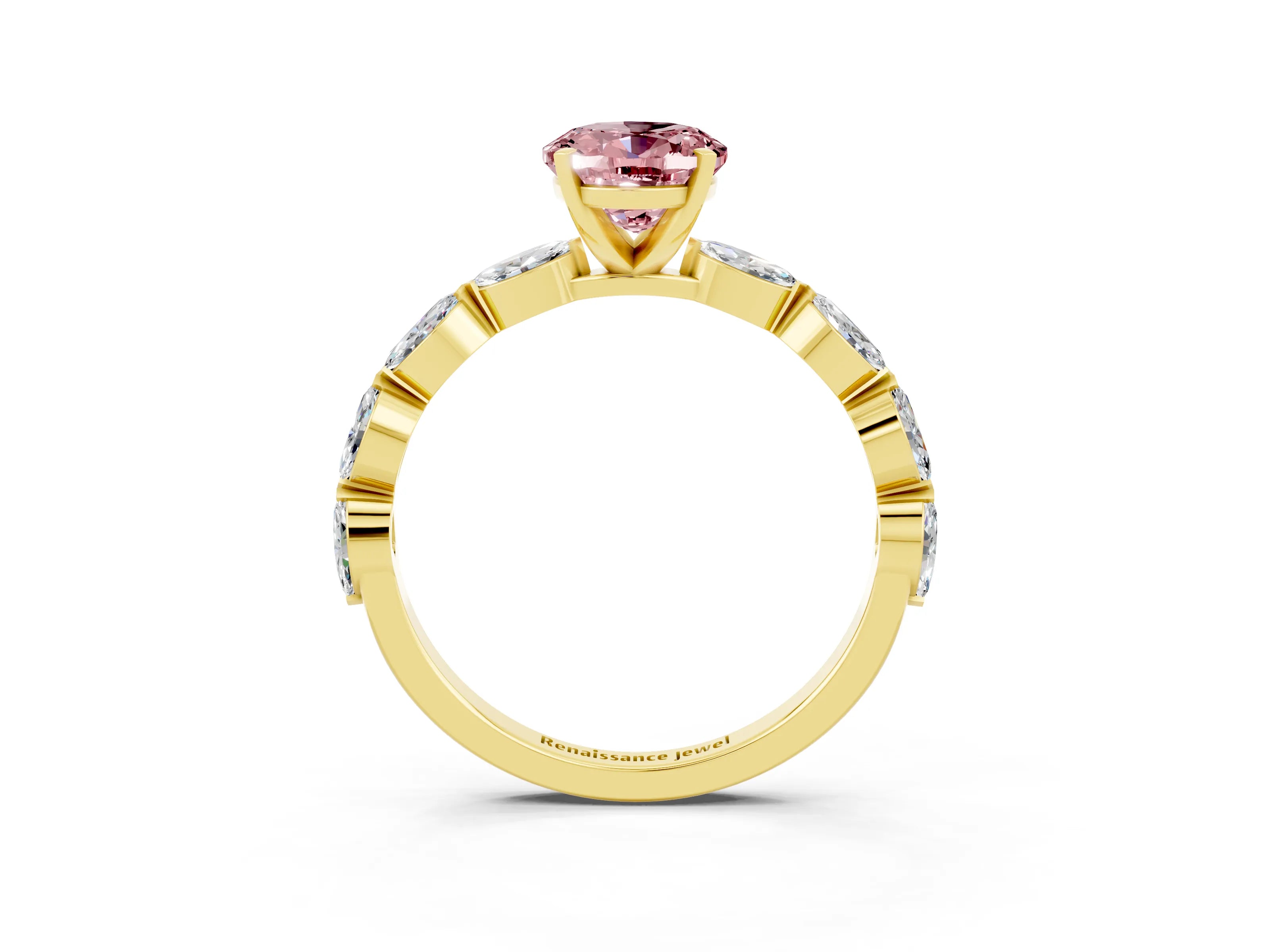 Yellow gold Oval Cut Morganite Ring with Marquise Side Stones and Prong Setting_3