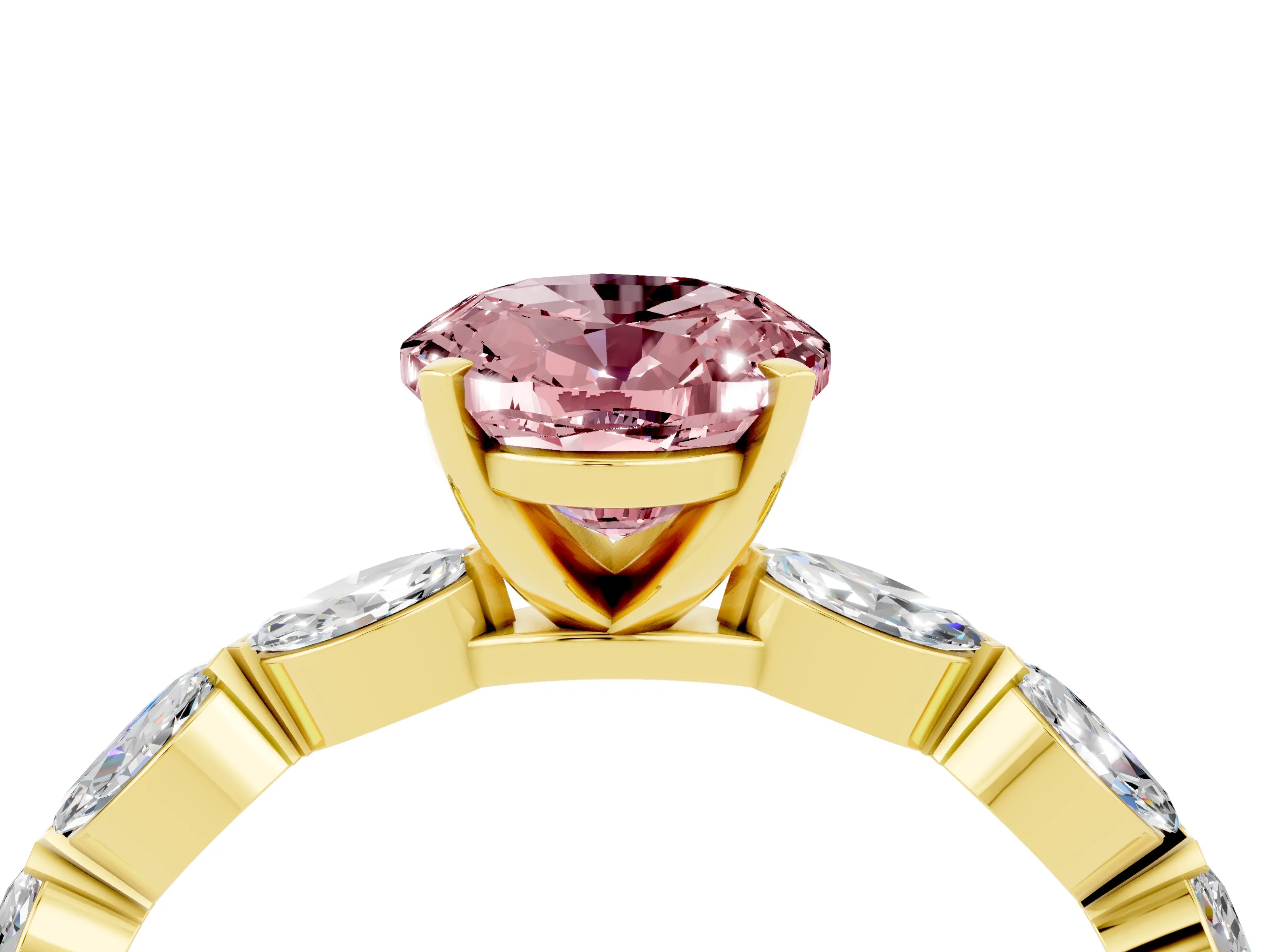 Yellow gold Oval Cut Morganite Ring with Marquise Side Stones and Prong Setting_4