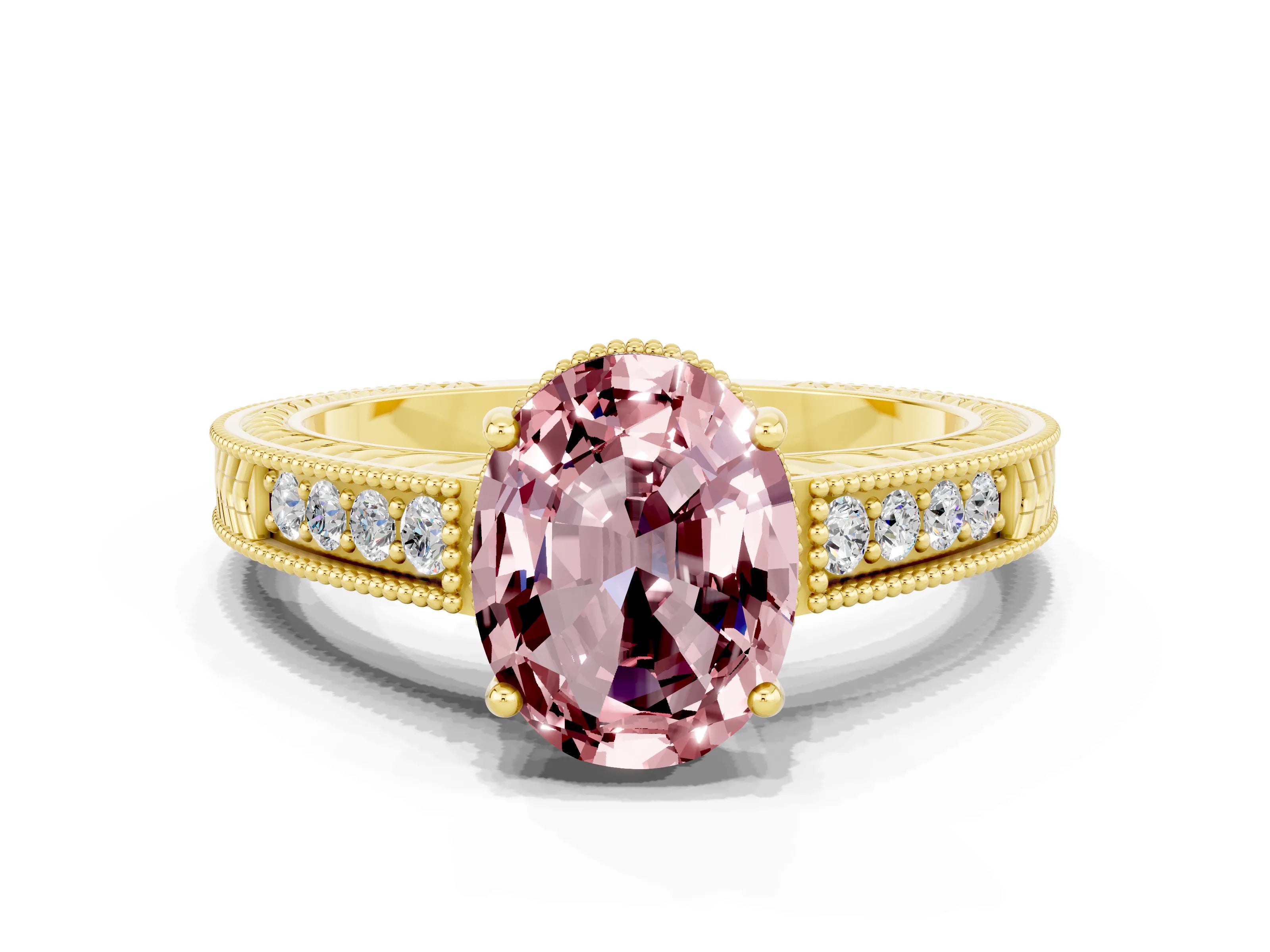 Yellow gold Oval Cut Morganite Ring with Milgrain Pavé Band and Four-Prong Setting_12