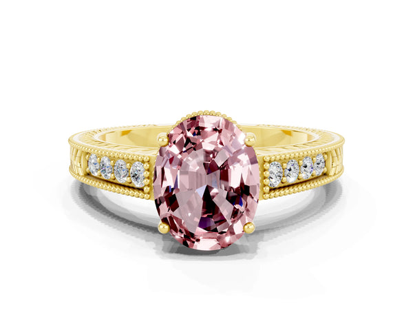 Yellow gold Oval Cut Morganite Ring with Milgrain Pavé Band and Four-Prong Setting