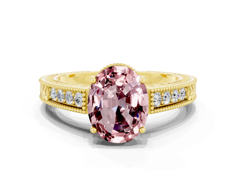 Yellow gold Oval Cut Morganite Ring with Milgrain Pavé Band and Four-Prong Setting_12