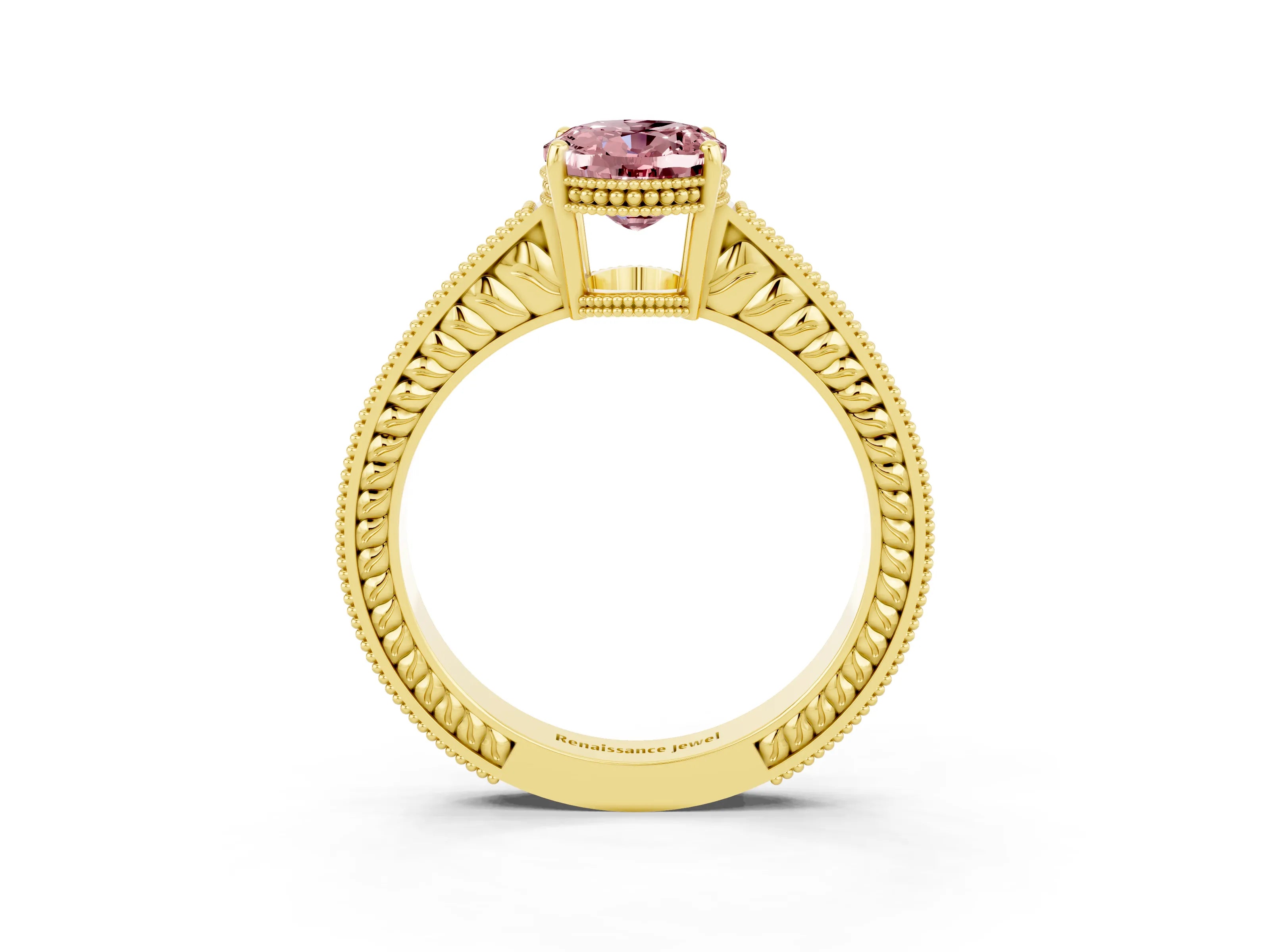 Yellow gold Oval Cut Morganite Ring with Milgrain Pavé Band and Four-Prong Setting_15