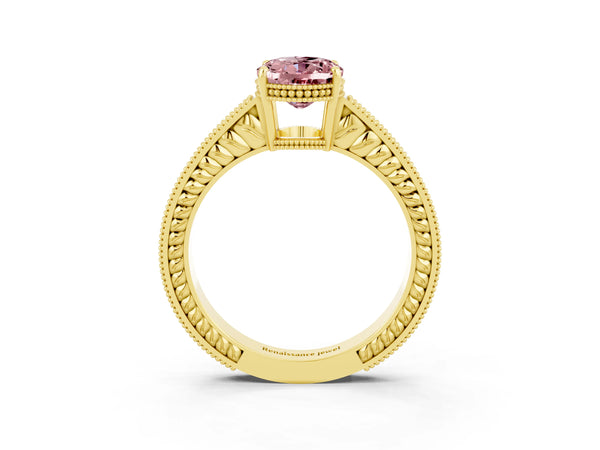 Yellow gold Oval Cut Morganite Ring with Milgrain Pavé Band and Four-Prong Setting