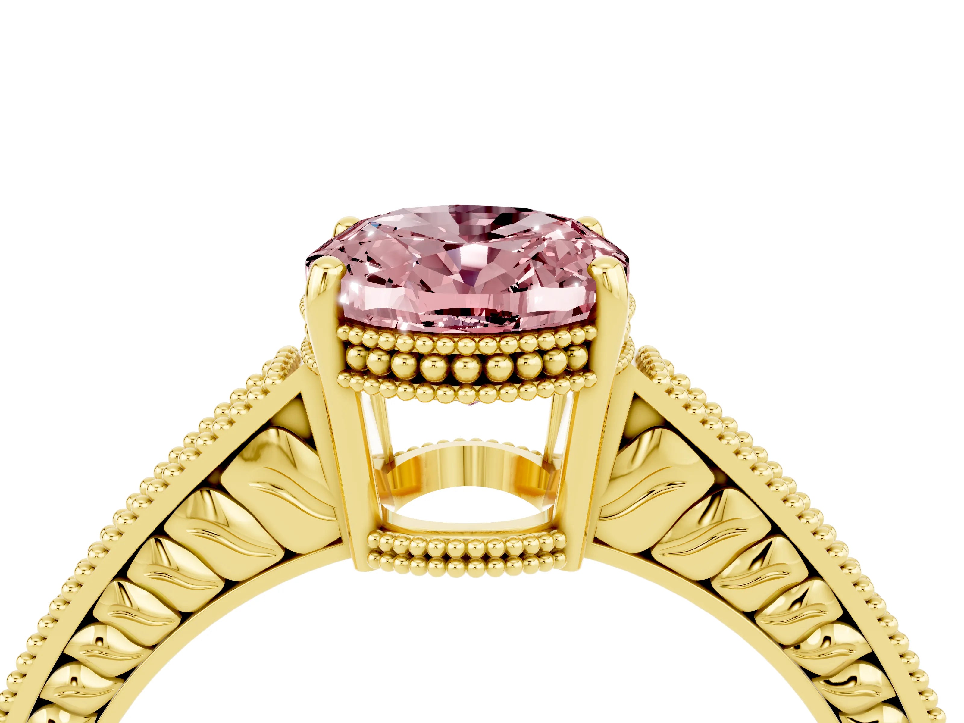 Yellow gold Oval Cut Morganite Ring with Milgrain Pavé Band and Four-Prong Setting_16