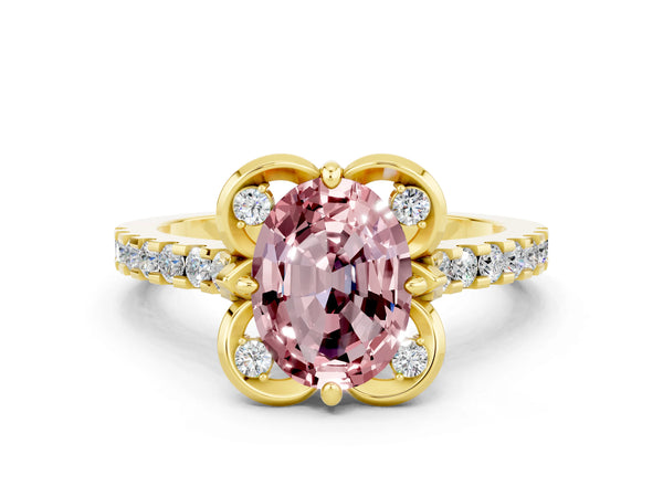 Yellow gold Oval Cut Morganite Ring with Pavé Band and Floral Prong Setting