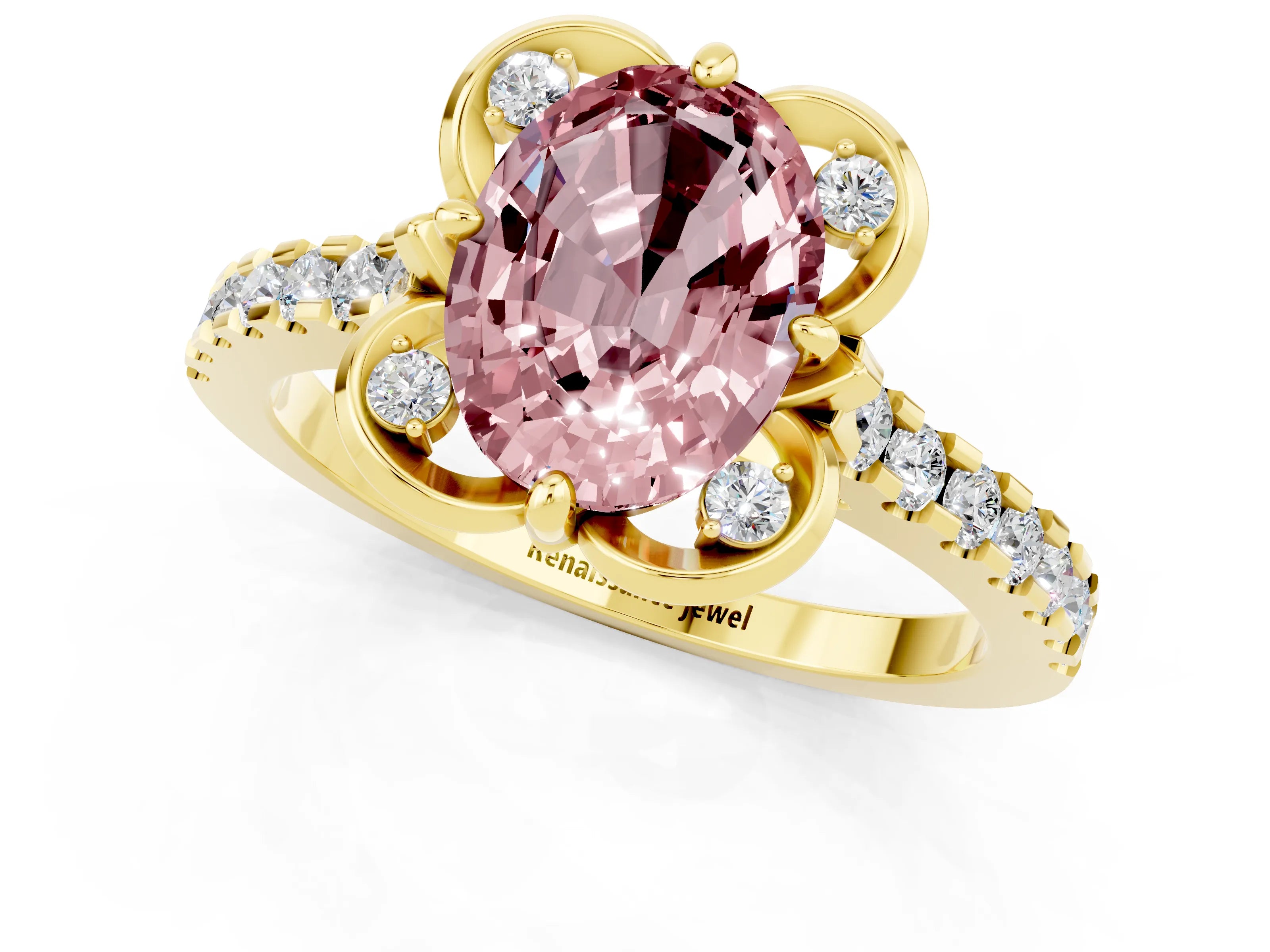 Yellow gold Oval Cut Morganite Ring with Pavé Band and Floral Prong Setting_1