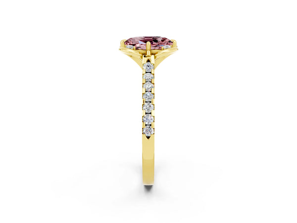 Yellow gold Oval Cut Morganite Ring with Pavé Band and Floral Prong Setting