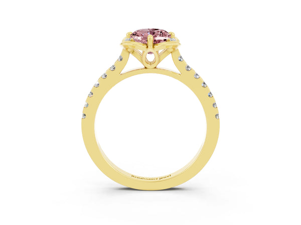 Yellow gold Oval Cut Morganite Ring with Pavé Band and Floral Prong Setting
