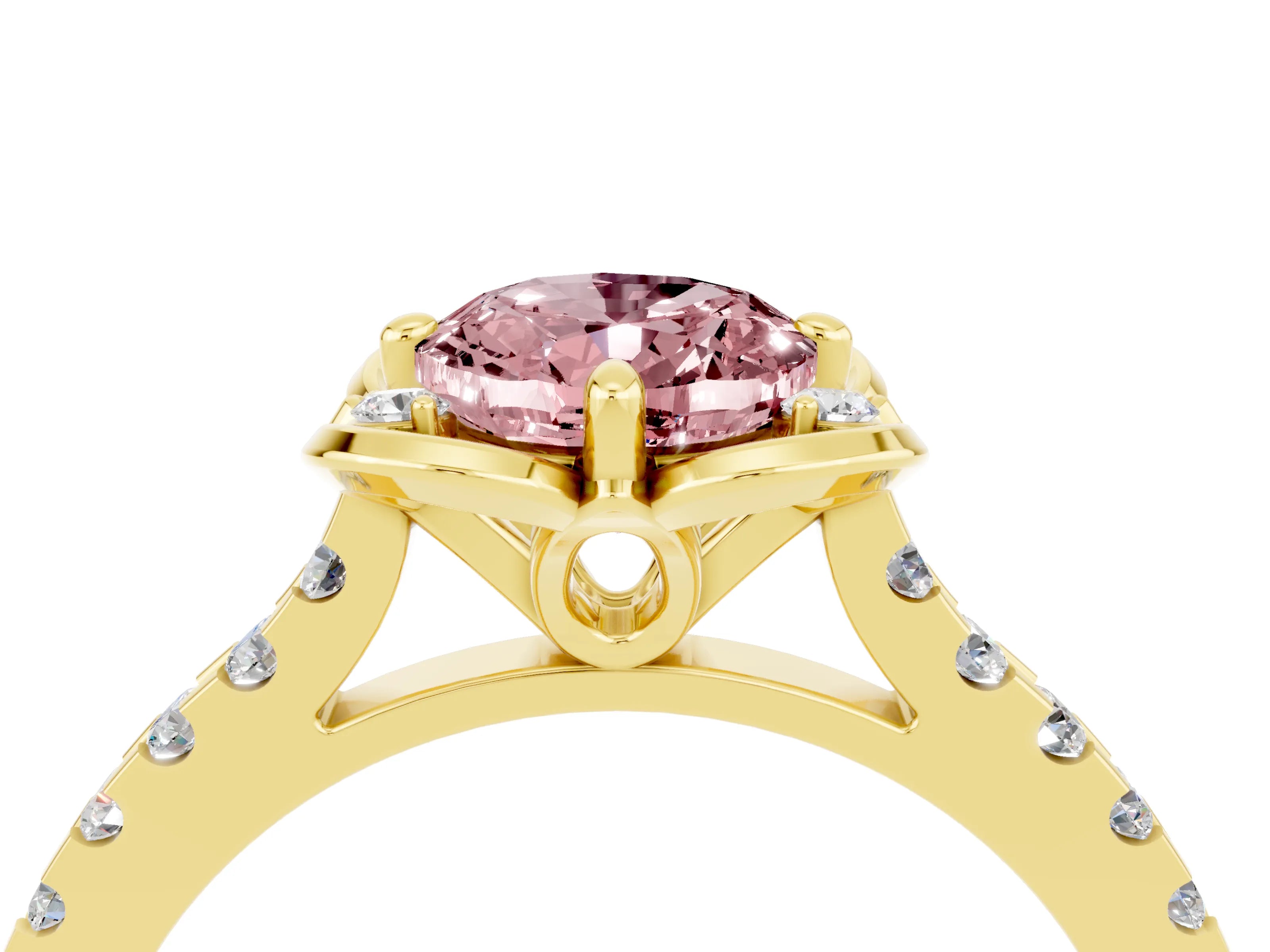 Yellow gold Oval Cut Morganite Ring with Pavé Band and Floral Prong Setting_4