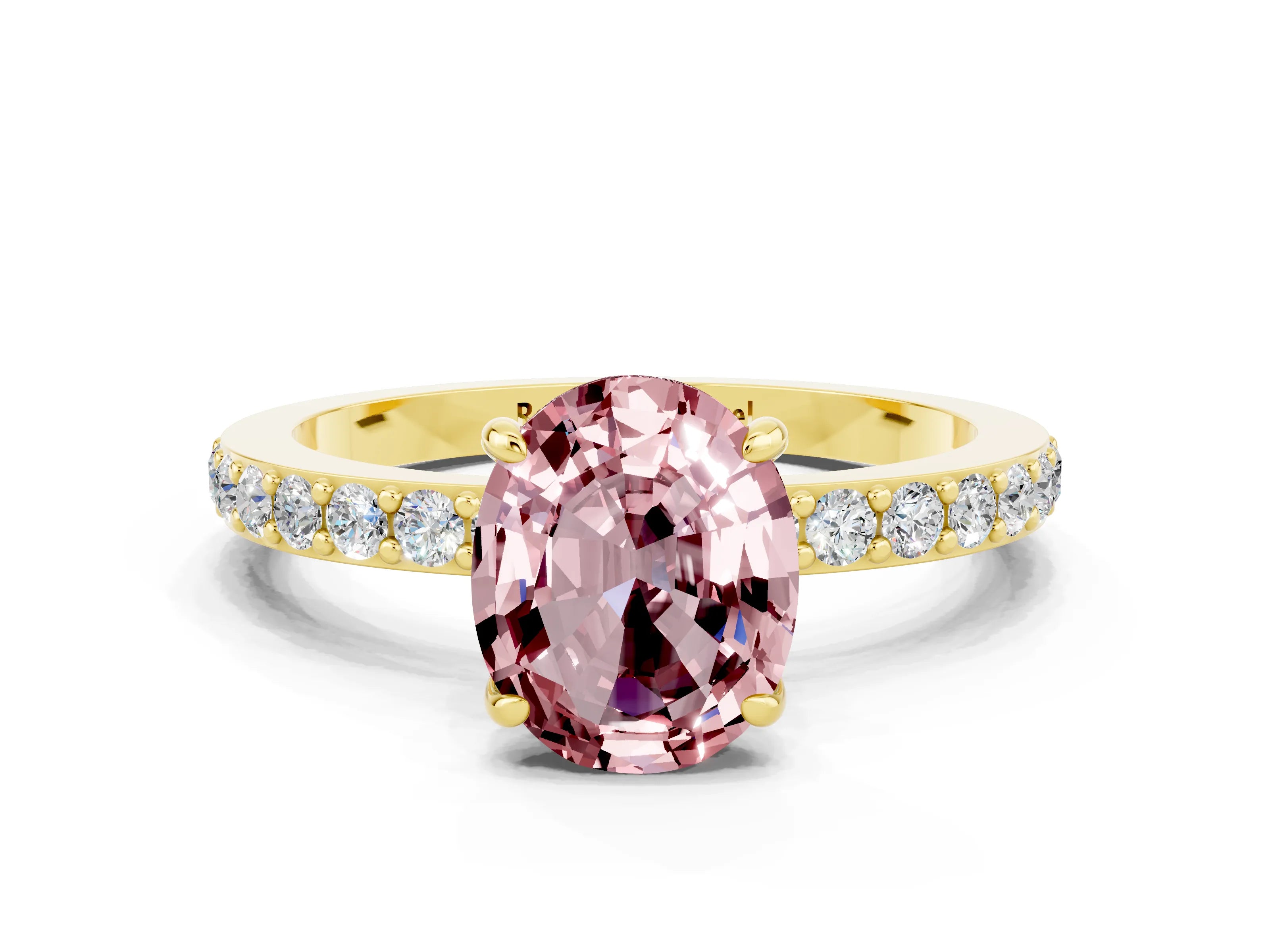 Yellow gold Oval Cut Morganite Ring with Pavé Band and Four-Prong Setting